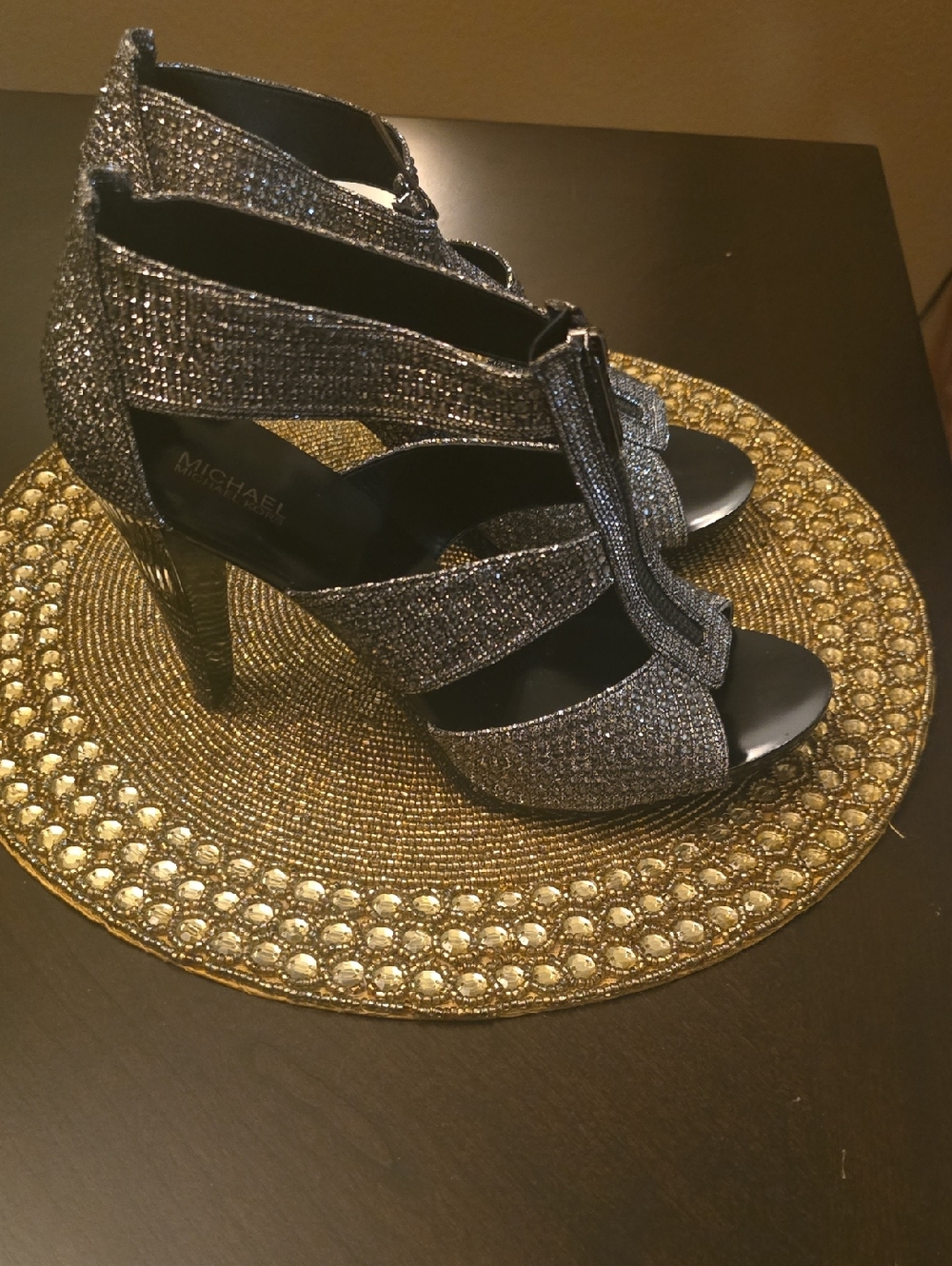 Michael Kors Glitter T-Strap High Heel Sandals in Silver